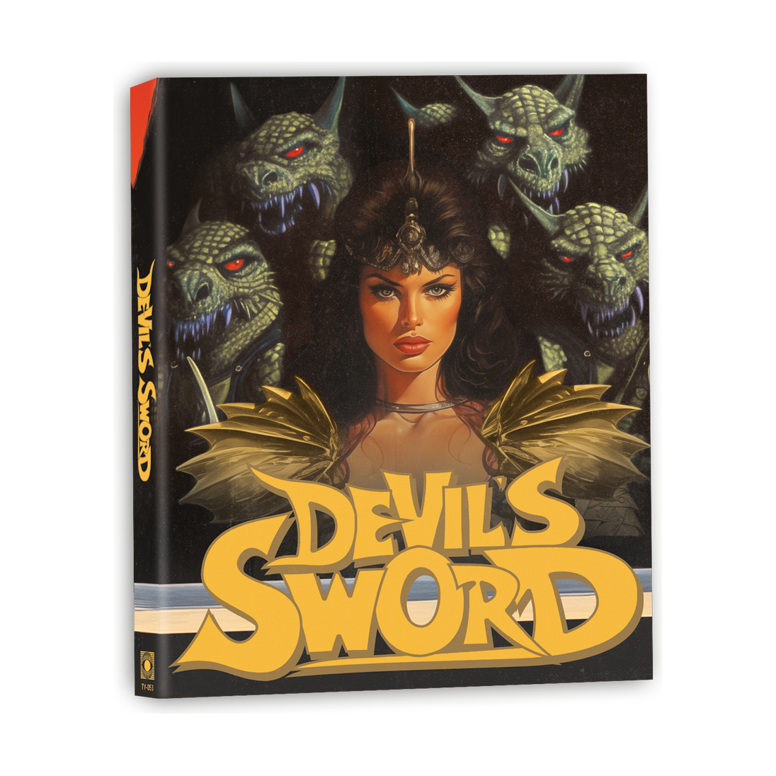 Limited-edition Blu-ray slipcover of The Devil’s Sword (1984) featuring a fierce warrior woman and dragon heads artwork