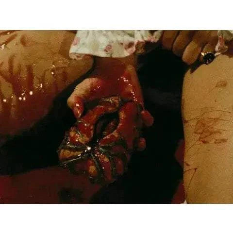 Close-up of bloody hand holding a slimy, grotesque creature from the horror film Disembodied, 4K UHD and Blu-Ray edition by Bleeding Skull.