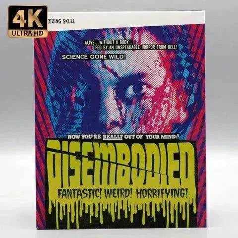 Bleeding Skull Disembodied 4K UHD and Blu-Ray slipcover featuring a surreal horror movie cover with a distorted face and dripping yellow title text.