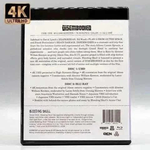Bleeding Skull Disembodied 4K UHD and Blu-Ray with slipcover featuring horror and experimental art film directed by William Kersten, includes 4K restoration, commentary, interviews, and bonus content.
