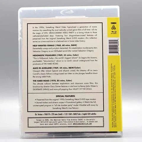 Blu-ray cover back of The American Genre Film Archive Drug-O-Rama Video Party with synopsis and special features details.