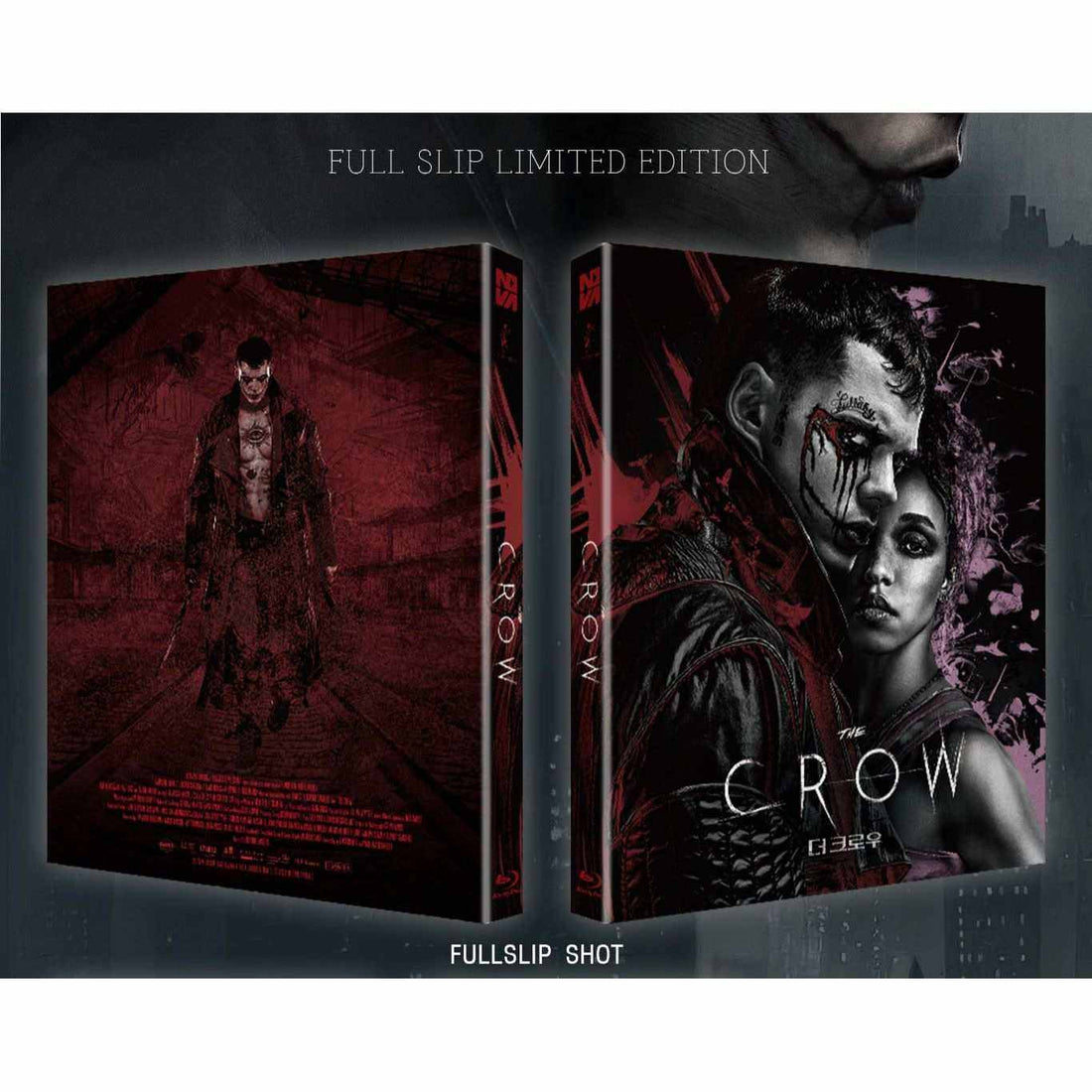 The Crow (2024) Blu-Ray limited edition full slip case featuring dark fantasy cover art with main characters and blood effects.