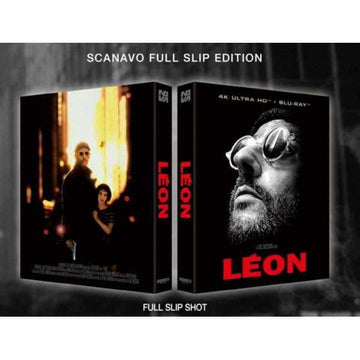 Leon 4K UHD and Blu-Ray Scanavo Full Slip Edition movie cover featuring main characters in dark tones with red title text.