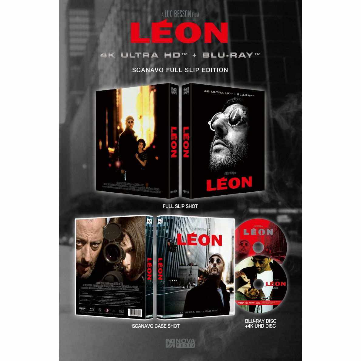 Leon 4K UHD Blu-Ray Scanavo Full Slip Edition movie packaging and discs featuring iconic Leon cover art and detailed presentation.