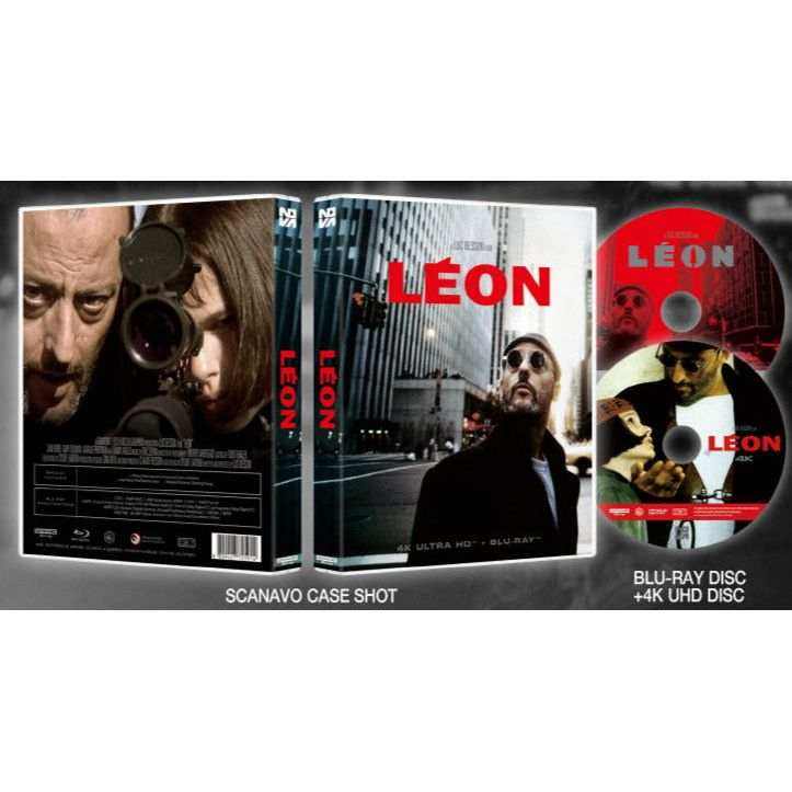 Leon 4K UHD and Blu-Ray Scanavo Full Slip Edition movie cover featuring main characters in dark tones with red title text.