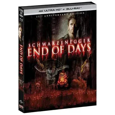 End Of Days 25th Anniversary Edition 4K UHD and Blu-Ray movie with slipcover featuring Arnold Schwarzenegger on cover