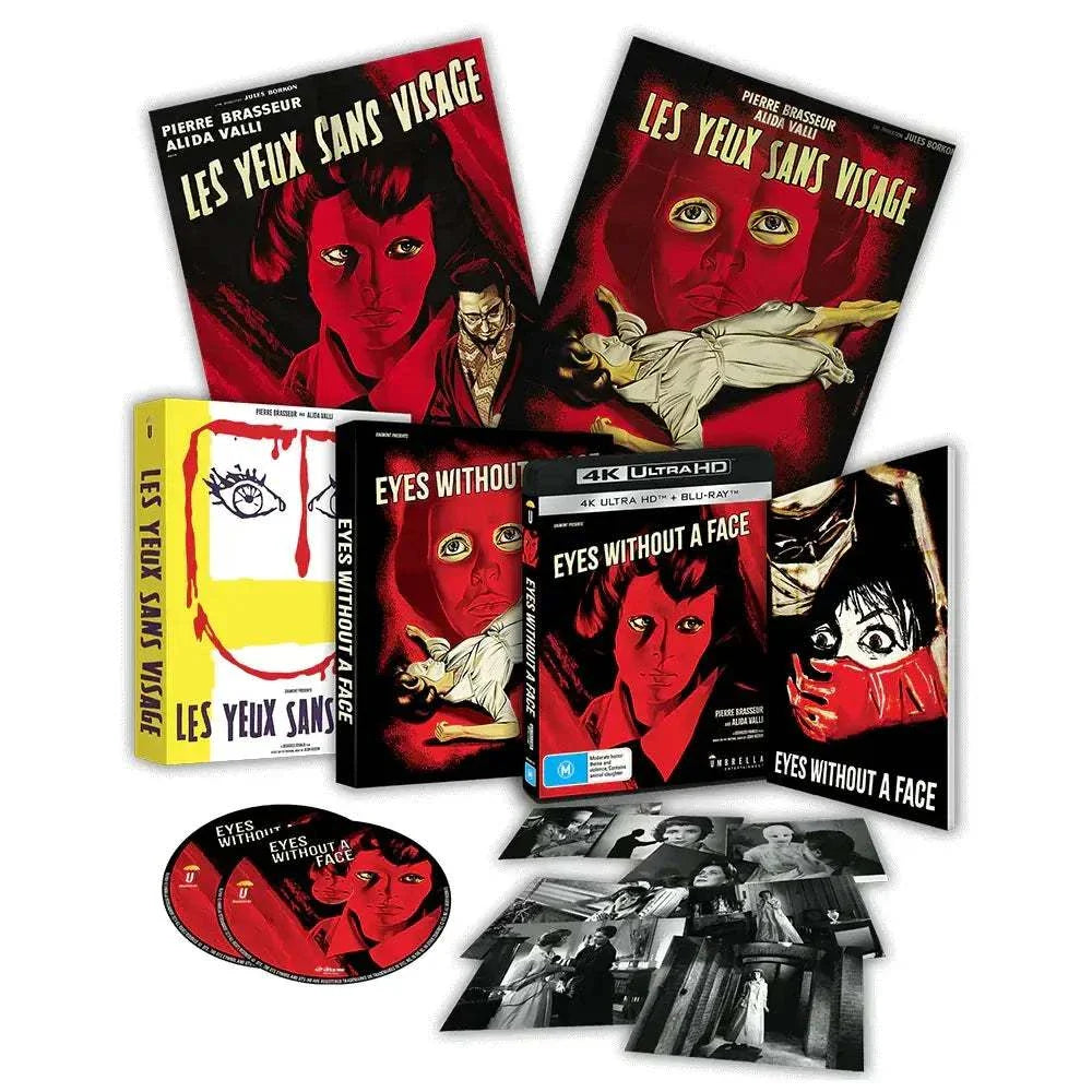Collector's edition set of Eyes Without A Face 1960 film including 4K Blu-ray, slipcase, book, posters, lobby cards, and black-and-white film stills.