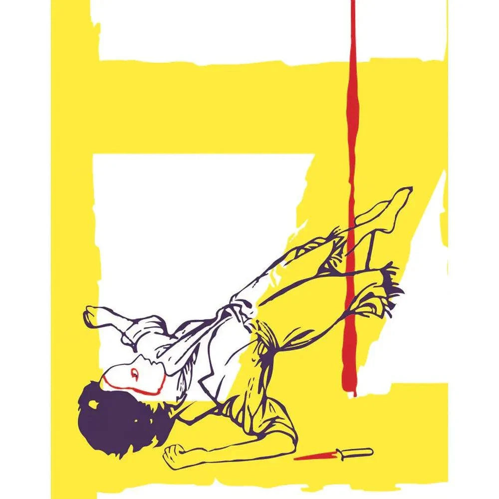 Stylized illustration of a woman wearing a mask lying on a yellow background with a red knife and blood, representing Eyes Without A Face film artwork