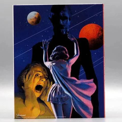 Fire Maidens of Outer Space Blu-ray slipcover featuring sci-fi artwork with a frightened woman, a mysterious dark figure, and planets in the background.