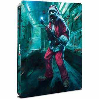 Terrifier 3 Limited Edition UK Steelbook 4K Ultra HD horror movie cover featuring Art the Clown in a Santa suit inside a blood-stained subway car.