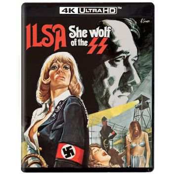 Cover of Ilsa, She Wolf Of The SS 4K UHD and Blu-ray with slipcover featuring a stylized illustration of a female Nazi officer in front of a large swastika symbol.