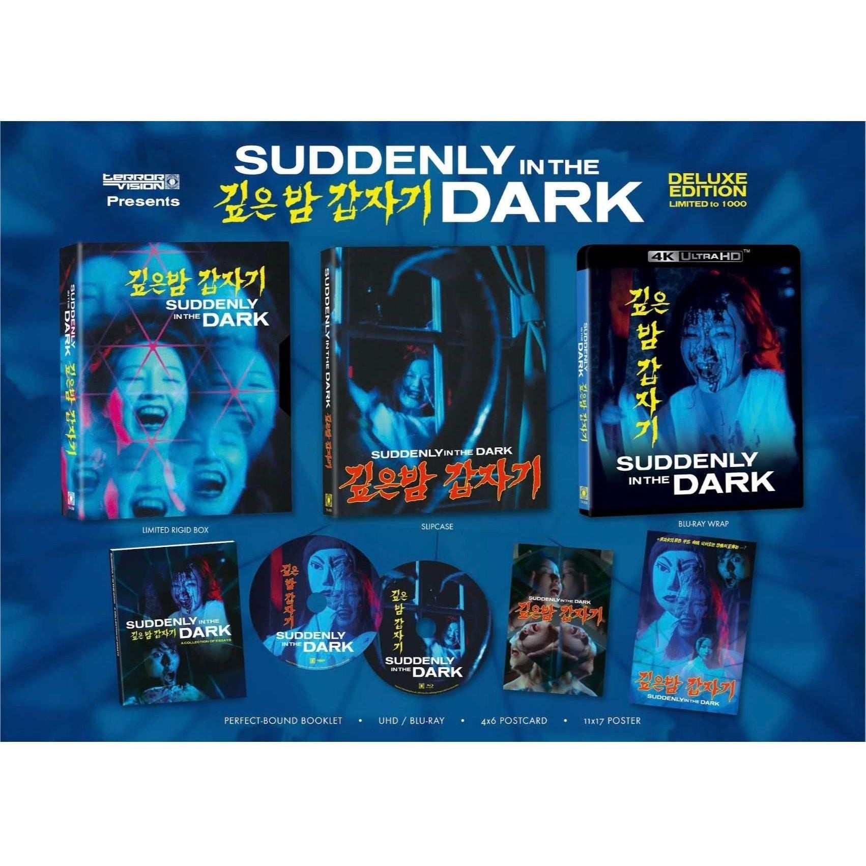 Suddenly In The Dark (1981) 2-Disc Deluxe Edition 4K UHD/Blu-ray set with rigid box and extras on display, available for pre-order.