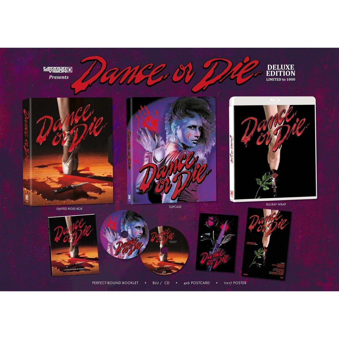 Dance Or Die 1987 2-Disc Deluxe Edition Blu-ray/CD with rigid box and extras, featuring exclusive artwork and items.