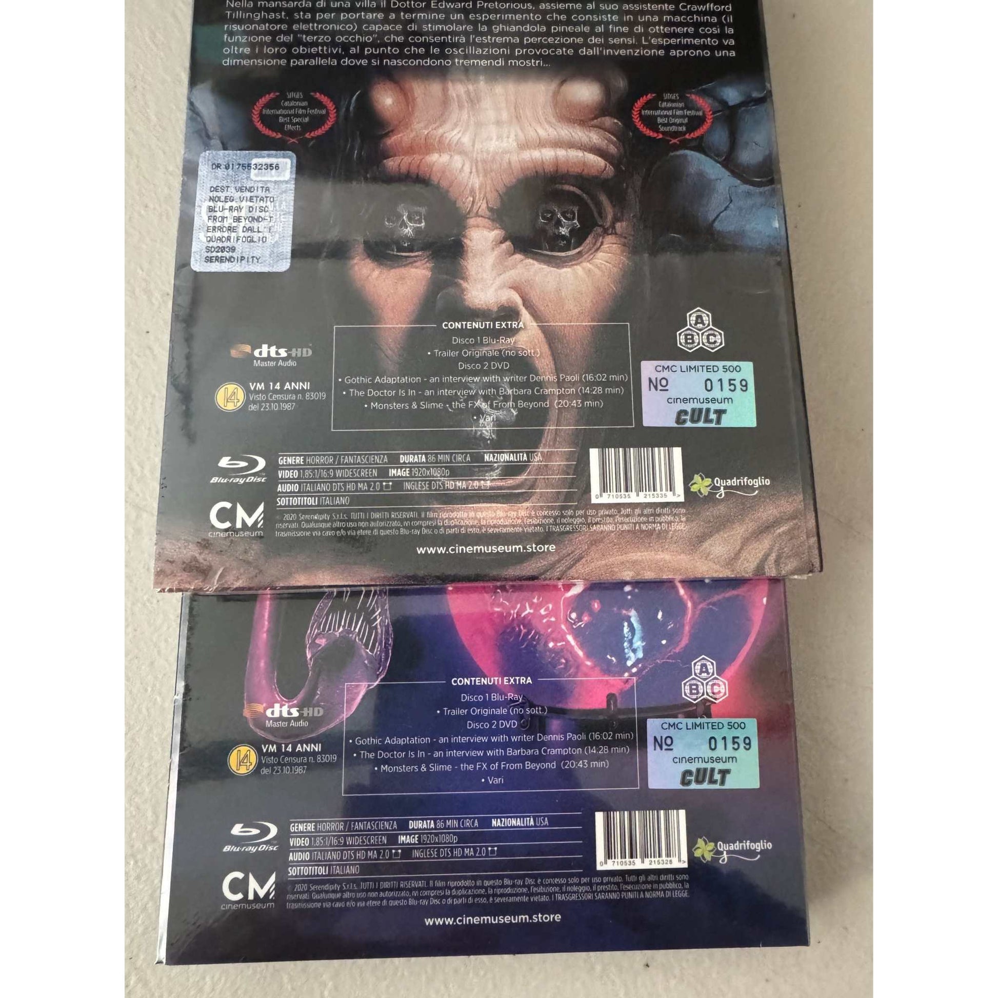 From Beyond Blu-Ray and DVD Mediabook combo with matching numbers, Region Free, featuring special extras and Italian subtitles.