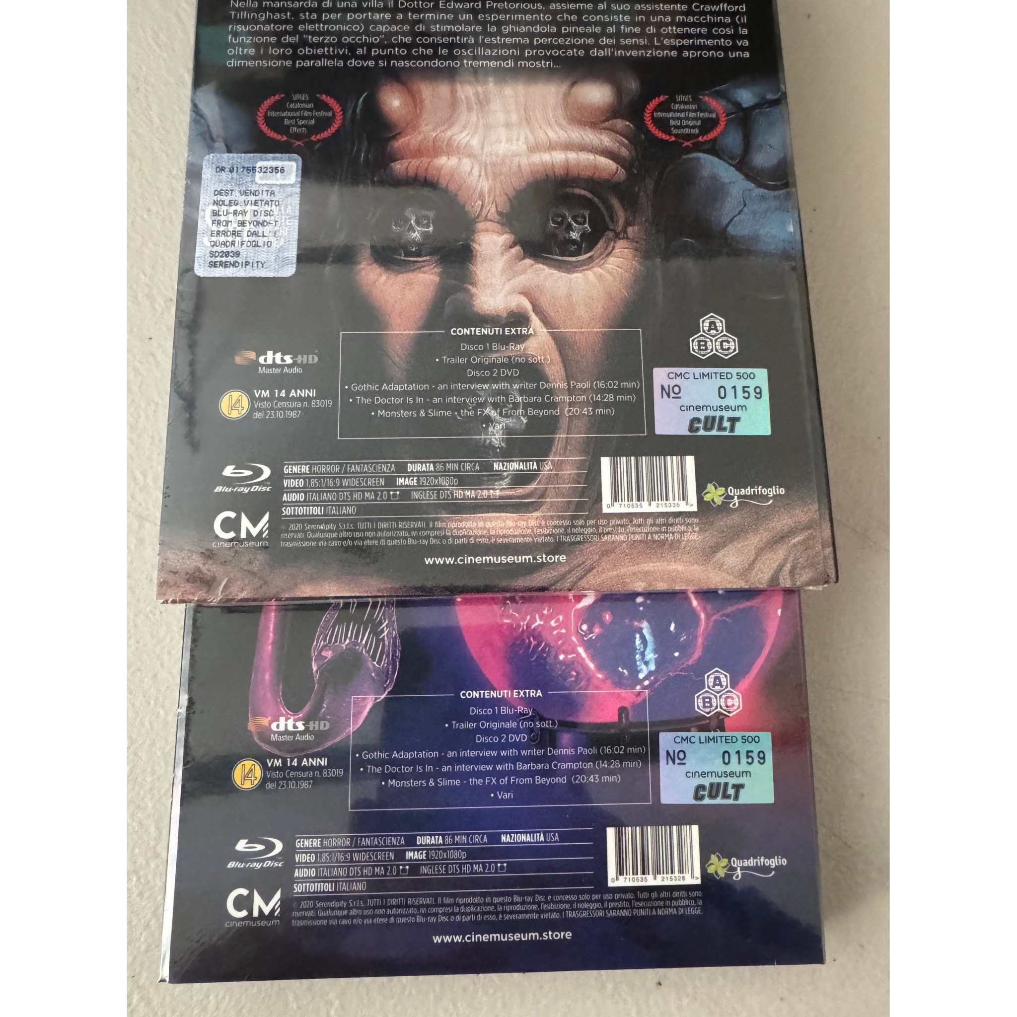 From Beyond Blu-Ray and DVD Mediabook combo with matching numbers, Region Free, featuring special extras and Italian subtitles.