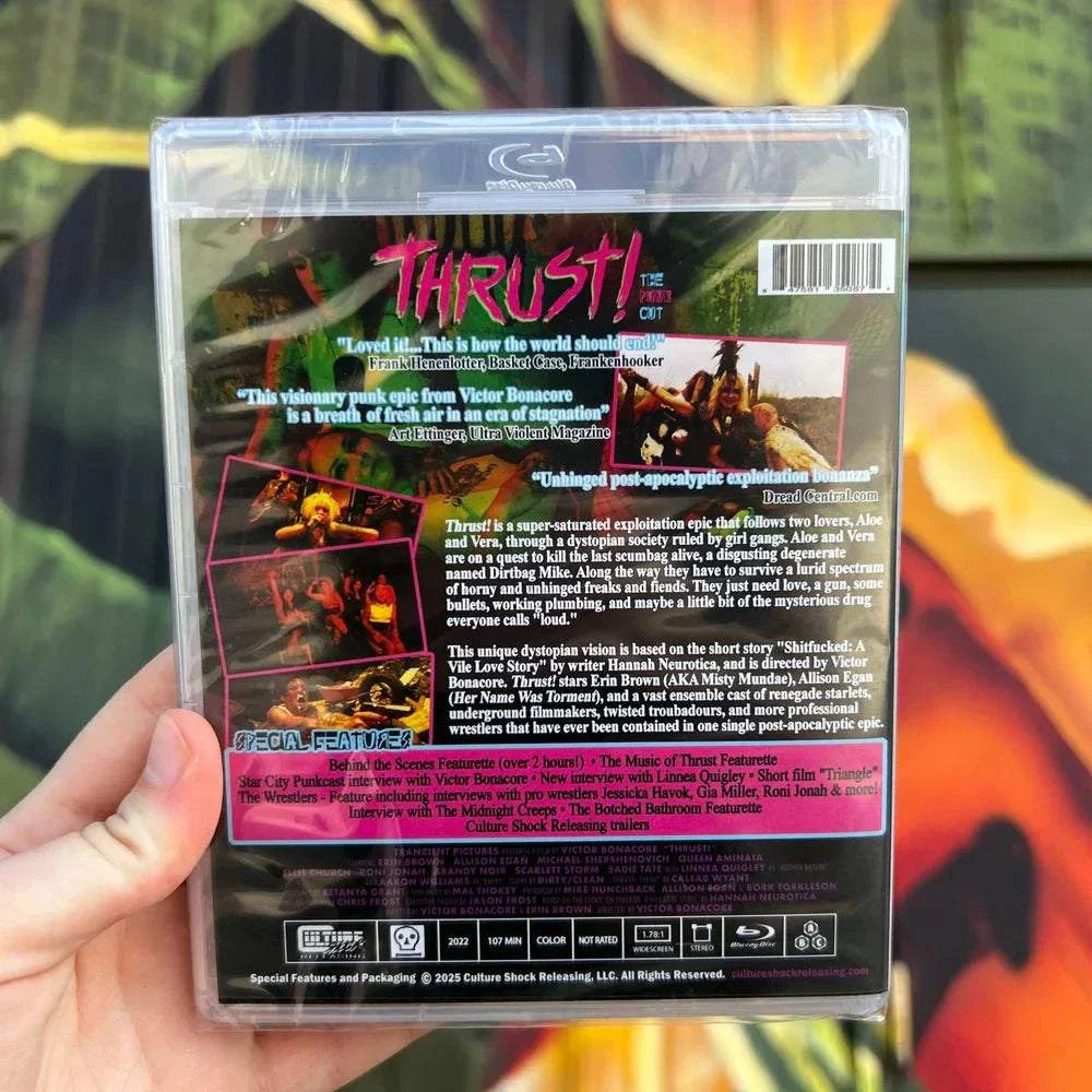 Blu-ray case of Thrust! (The Punk Cut!) with dystopian punk-themed artwork and detailed film synopsis on the back cover