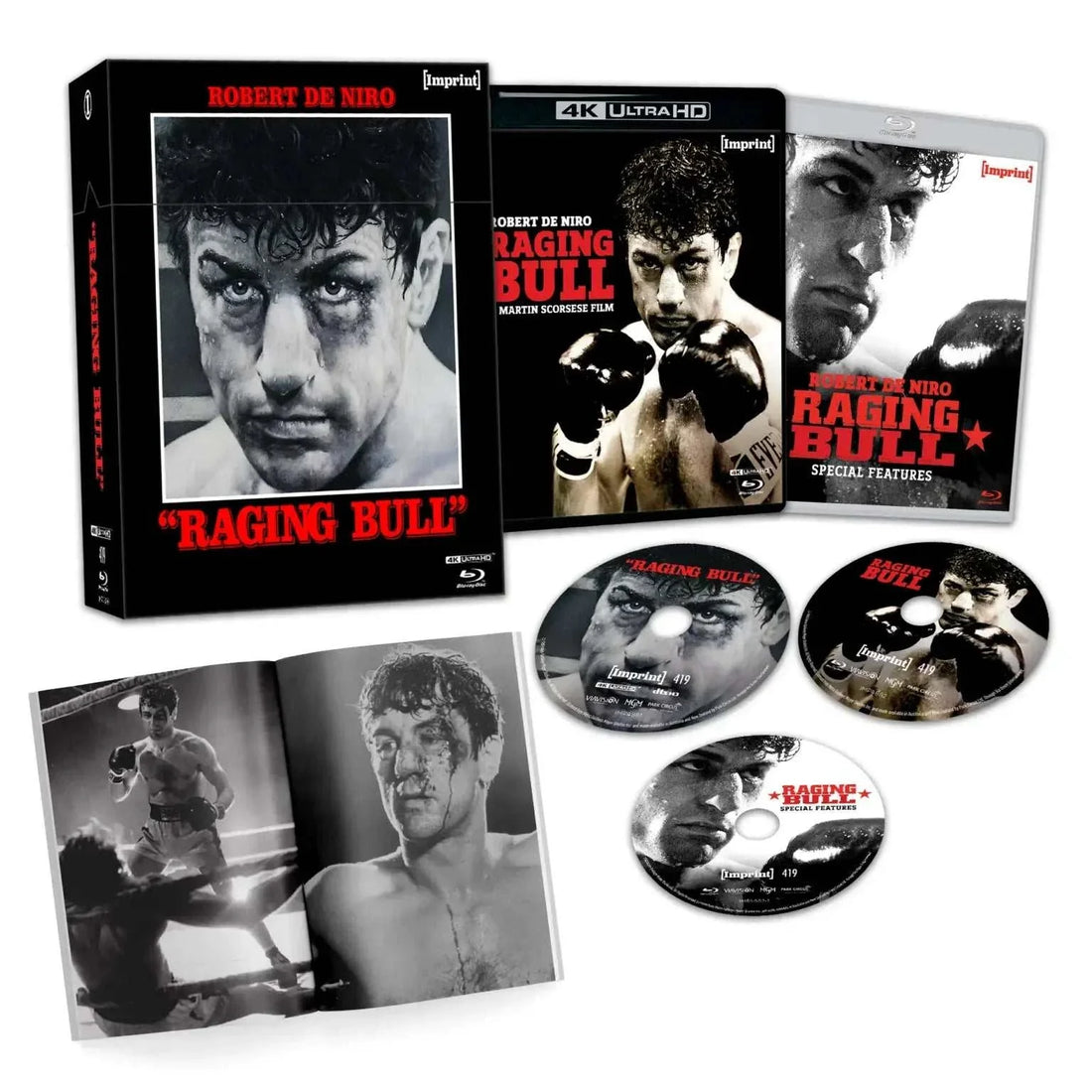 Limited edition Raging Bull (1980) 4K UHD and Blu-ray 3-disc hardbox set with booklet featuring Robert De Niro and bonus special features.