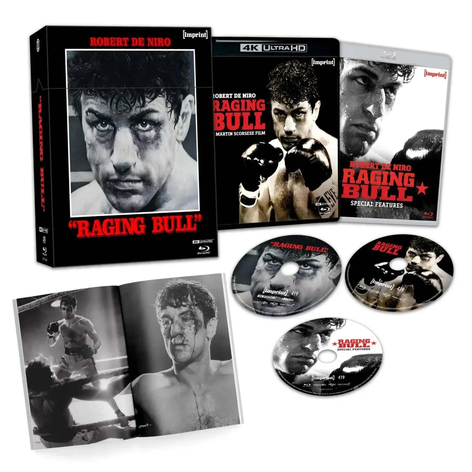 Limited edition Raging Bull (1980) 4K UHD and Blu-ray 3-disc hardbox set with booklet featuring Robert De Niro and bonus special features.