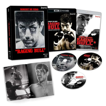 Limited edition Raging Bull (1980) 4K UHD and Blu-ray 3-disc hardbox set with booklet featuring Robert De Niro and bonus special features.