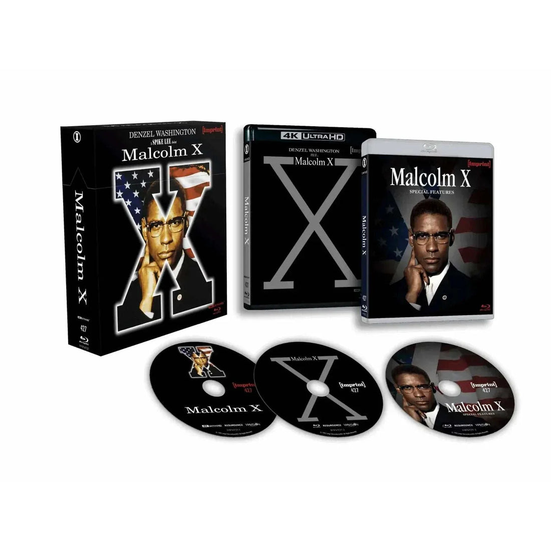 Malcolm X 1992 limited edition 3-disc 4K UHD and Blu-ray set with special features and collectible hardbox packaging