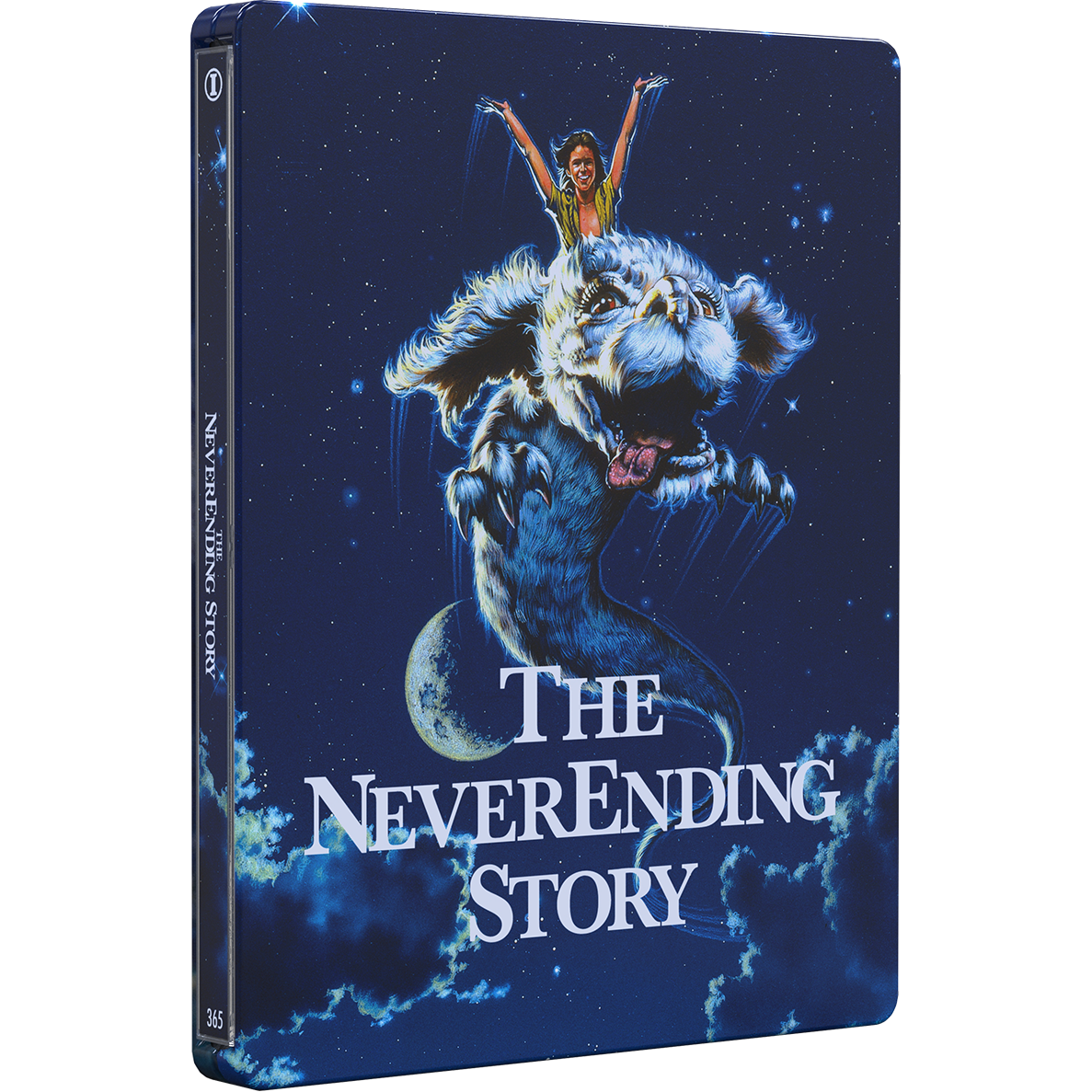 The Neverending Story 4K UHD Steelbook edition with lenticular hardcover featuring Bastian riding Falkor under a starry sky