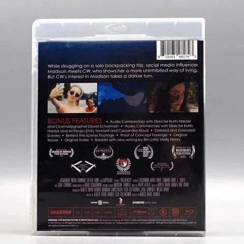 Shudder Influencer Blu-Ray back cover showing movie synopsis, bonus features, and slipcover packaging.
