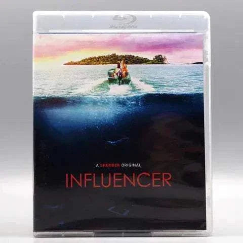 Shudder Influencer Blu-Ray cover showing a person on a small boat heading towards an island at sunset with the title "INFLUENCER" in red letters.