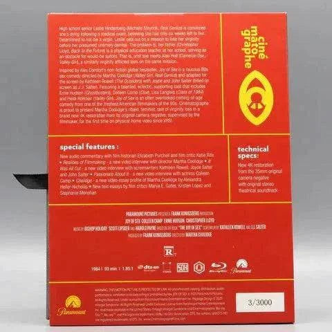 Cinématographe Joy of Sex Blu-Ray Mediabook with Slipcase packaging, featuring special features and technical specs on a vibrant red background.