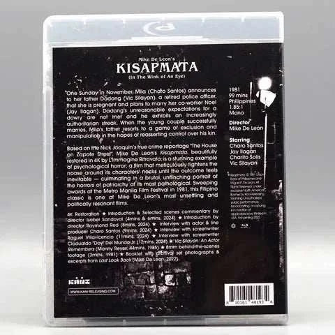 Kisapmata Blu-Ray with Slipcover featuring restored 4K image and additional interviews, highlighting the psychological horror film by Mike De Leon.