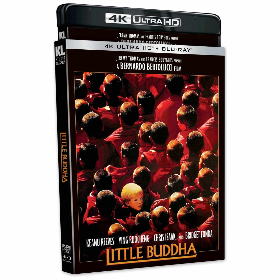 Little Buddha 4K UHD Blu-Ray cover featuring monks in red robes and a young boy, starring Keanu Reeves and Bridget Fonda.