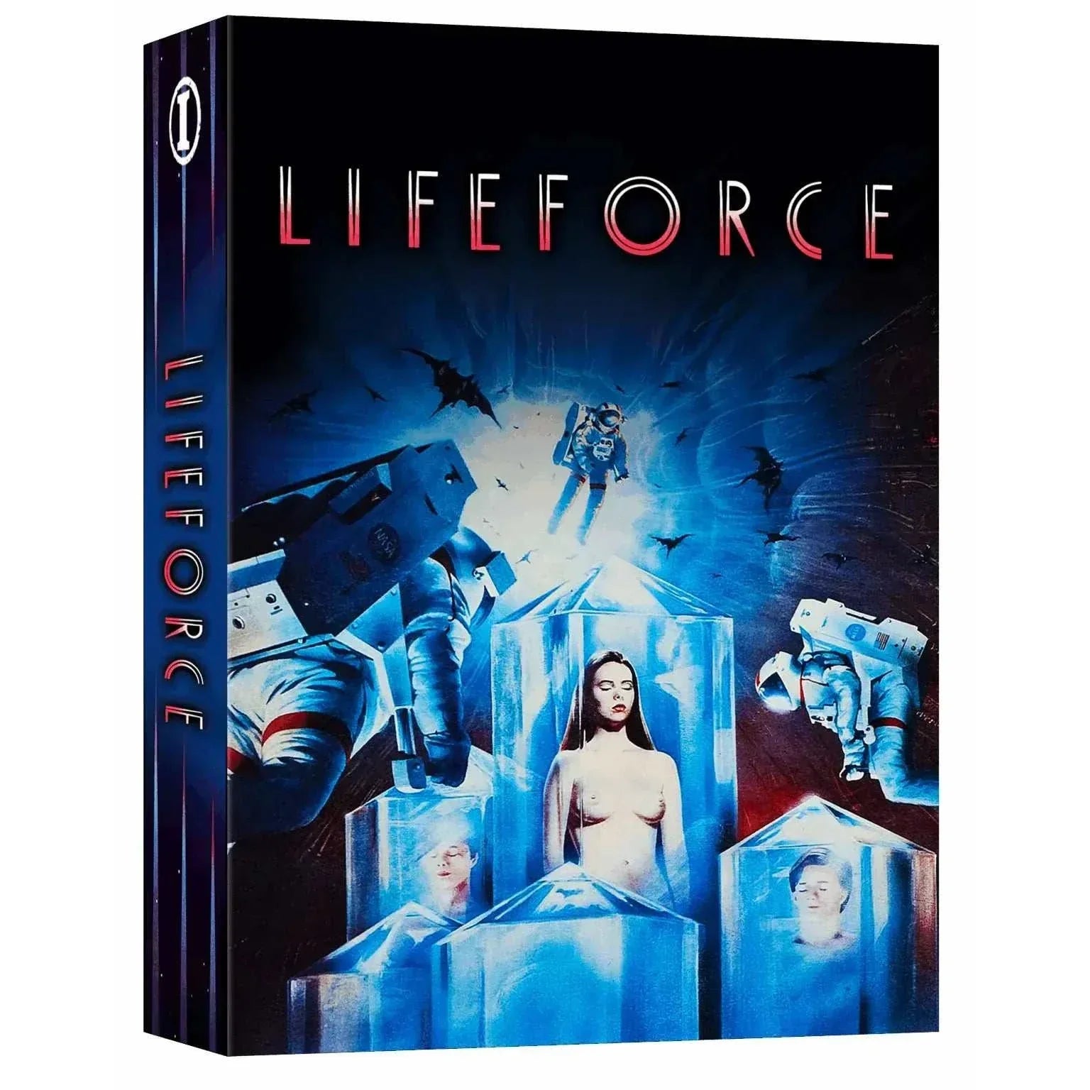 Lifeforce 1985 limited edition 4K UHD and Blu-ray holographic hardbox with neon sci-fi horror artwork and space vampire theme