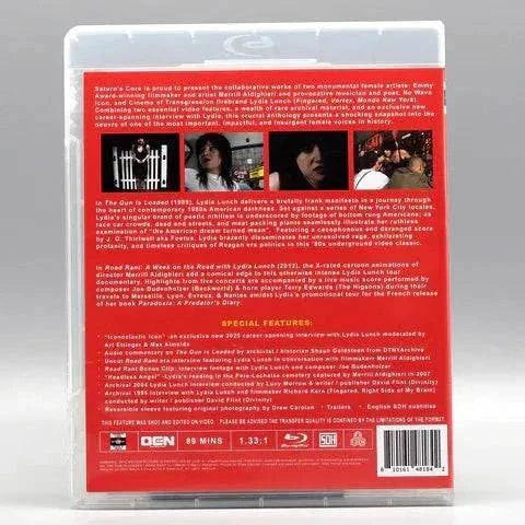 Blu-Ray cover of "Saturn's Core - Lydia Lunch: The Gun is Loaded / Road Rant," featuring descriptive text and special features.
