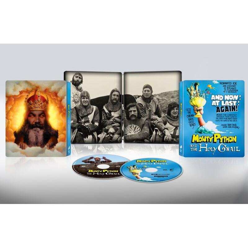 Monty Python And The Holy Grail 50th Anniversary 4K Ultra HD and Blu-ray steelbook set with collectible packaging and discs.