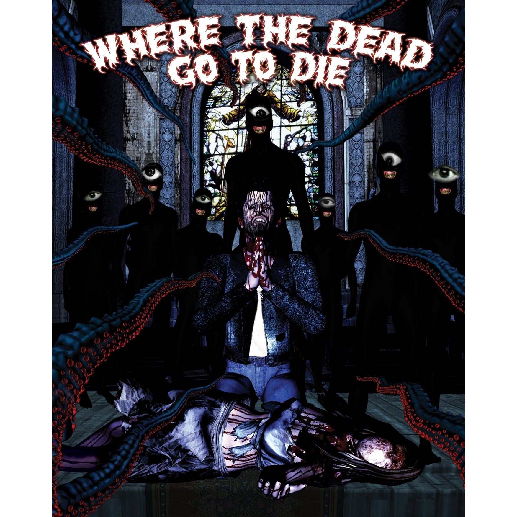 Where The Dead Go To Die Blu-Ray cover featuring a surreal, dark animated scene with ominous figures and eyes.