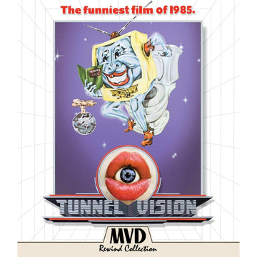Tunnel Vision Blu-Ray with slipcover featuring 1985 satirical film artwork in the MVD Rewind Collection.