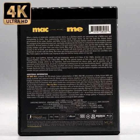 Vinegar Syndrome Ultra Mac and Me 4K UHD and Blu-ray set with slipcase featuring restored 1980s sci-fi film Mac and Me, 4K Ultra HD logo, and detailed movie synopsis on the back cover.