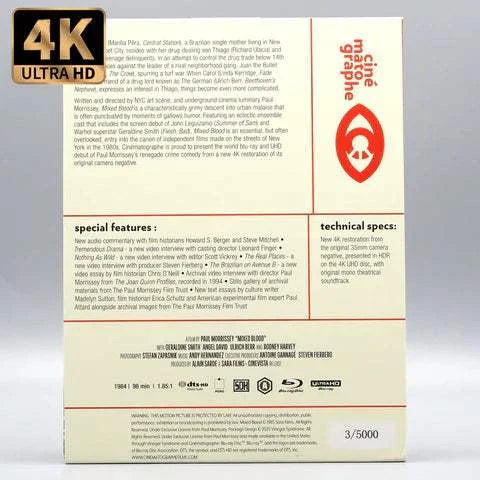 Cinématographe Mixed Blood 4K UHD and Blu-ray slipcover with detailed film synopsis, special features, and technical specs on packaging back.