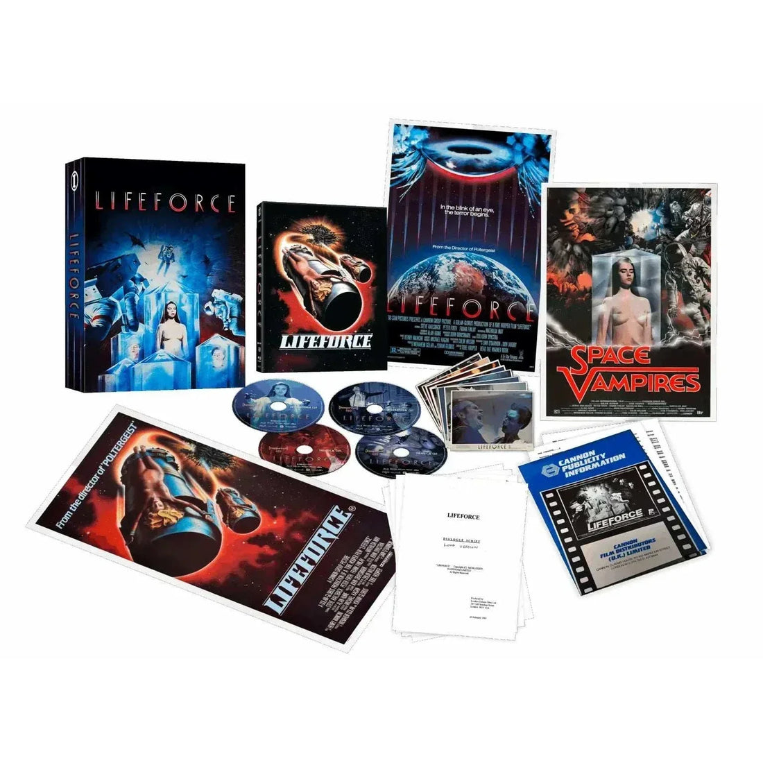 Limited Edition Lifeforce 1985 4K UHD and Blu-ray set with holographic hardbox, collector's prints, press kit, lobby cards, daybill, script, and four-disc collection.