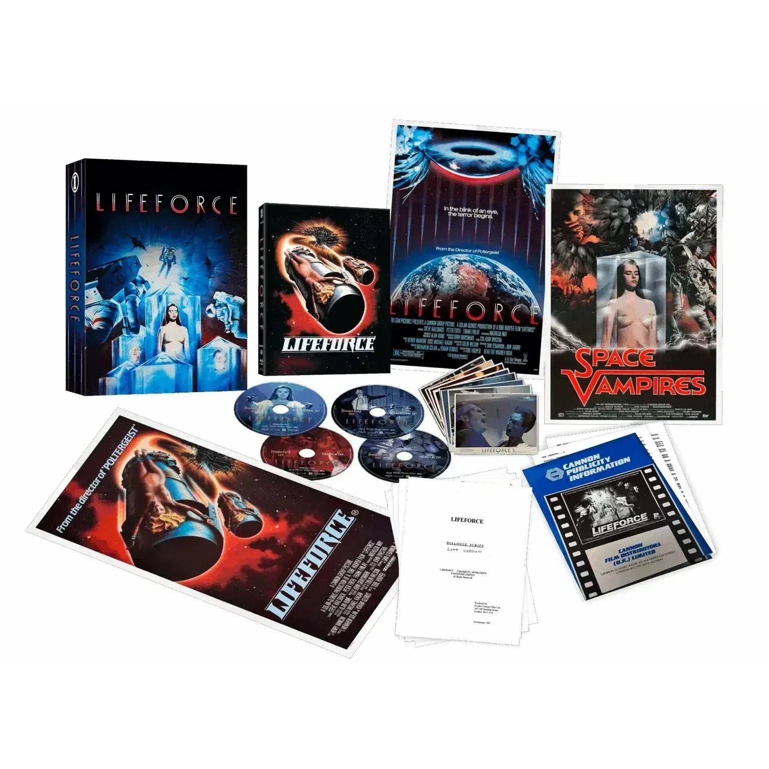 Limited Edition Lifeforce 1985 4K UHD and Blu-ray set with holographic hardbox, collector's prints, press kit, lobby cards, daybill, script, and four-disc collection.