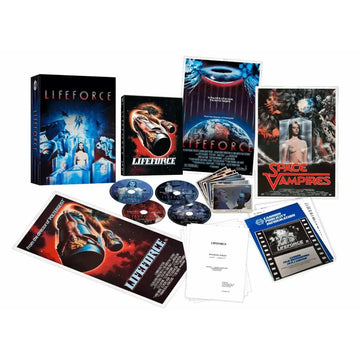 Limited Edition Lifeforce 1985 4K UHD and Blu-ray set with holographic hardbox, collector's prints, press kit, lobby cards, daybill, script, and four-disc collection.