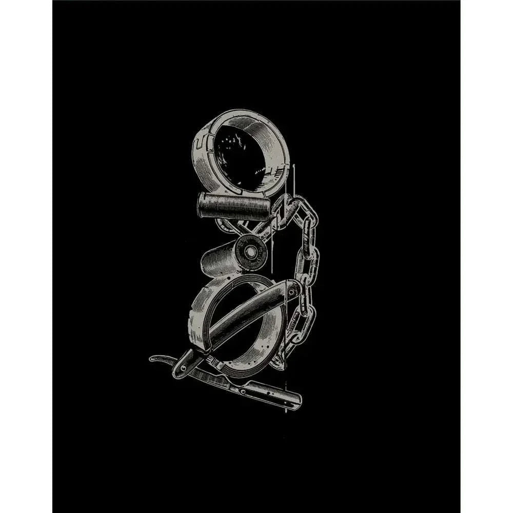 Abstract black and white illustration of chained mechanical parts representing New Extremity Collection Volume 1 Blu-Ray Box Set cover design