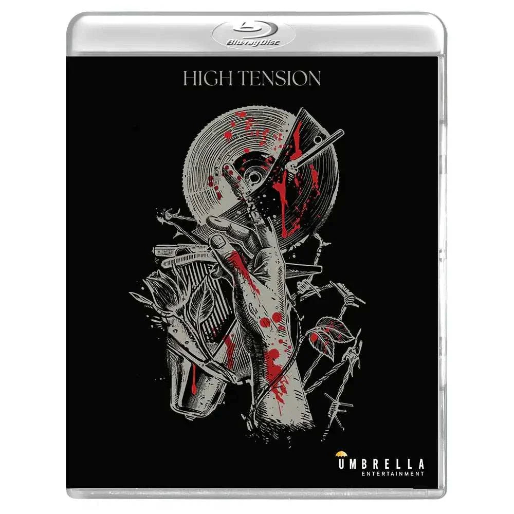 Blu-ray cover of High Tension film from New Extremity Collection Volume 1 by Umbrella Entertainment featuring a graphic blood-spattered hand holding a circular saw blade against a black background.