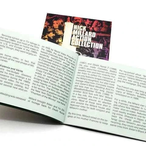 Nick Millard Action Collection Blu-Ray set with booklet, featuring restored films and documentary on director Nick Millard.