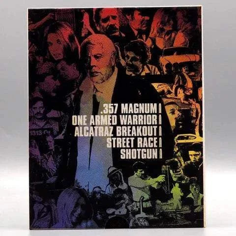 Blu-ray slipcase cover for Nick Millard Action Collection featuring a large gun silhouette and collage of film scenes in red and black tones.