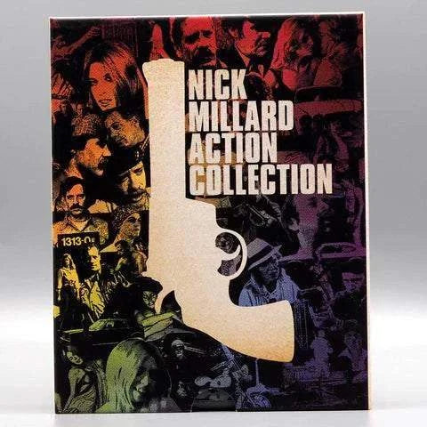 Blu-ray slipcase cover for Nick Millard Action Collection featuring a large gun silhouette and collage of film scenes in red and black tones.