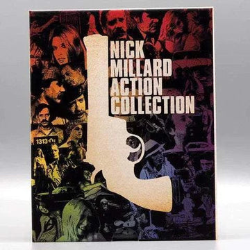 Blu-ray slipcase cover for Nick Millard Action Collection featuring a large gun silhouette and collage of film scenes in red and black tones.