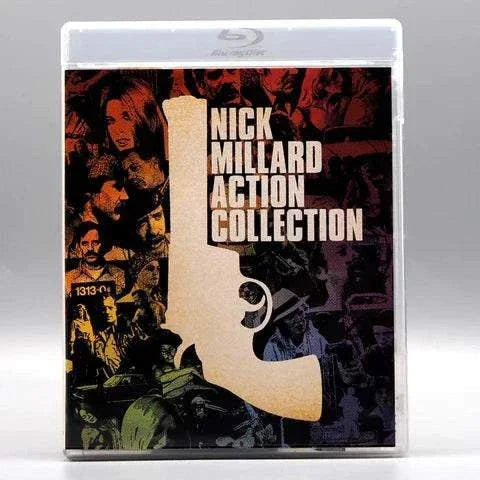 Blu-ray case of the Nick Millard Action Collection featuring a large revolver silhouette and collage of action scenes.