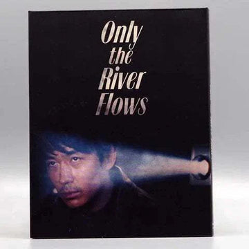 KimStim Only the River Flows Blu-Ray slipcover featuring a noir-style image of a man with a flashlight beam on a dark background