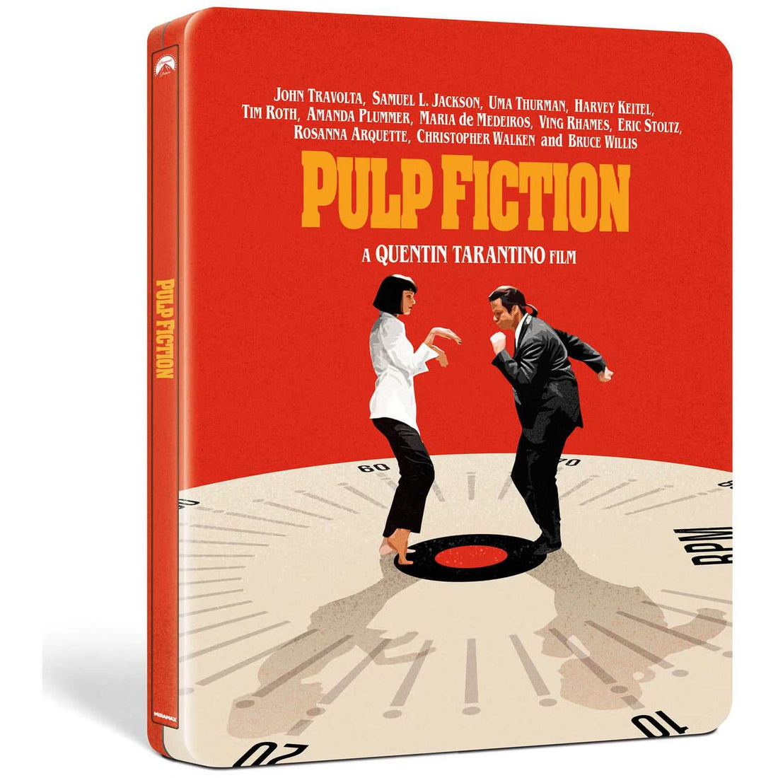 Pulp Fiction Limited Edition UK Steelbook 4K UHD Blu-Ray pre-order with iconic dance scene cover and Quentin Tarantino film branding