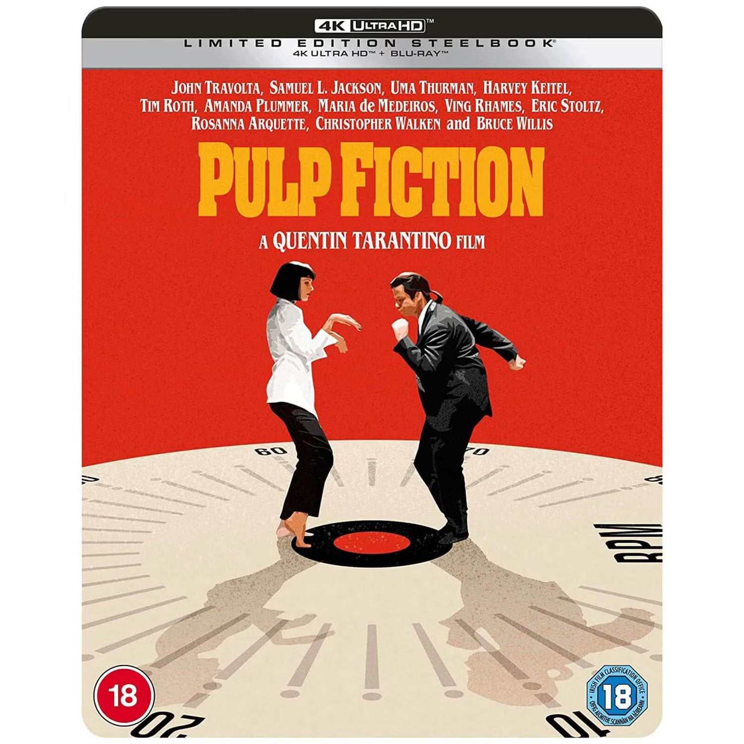 Pulp Fiction Limited Edition UK Steelbook 4K UHD Blu-Ray pre-order with iconic dance scene cover and Quentin Tarantino film branding